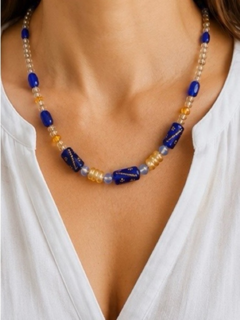 💙 ✨🤍Artisan Blue & Gold Beaded Necklace | Heart Toggle Clasp | Handmade
